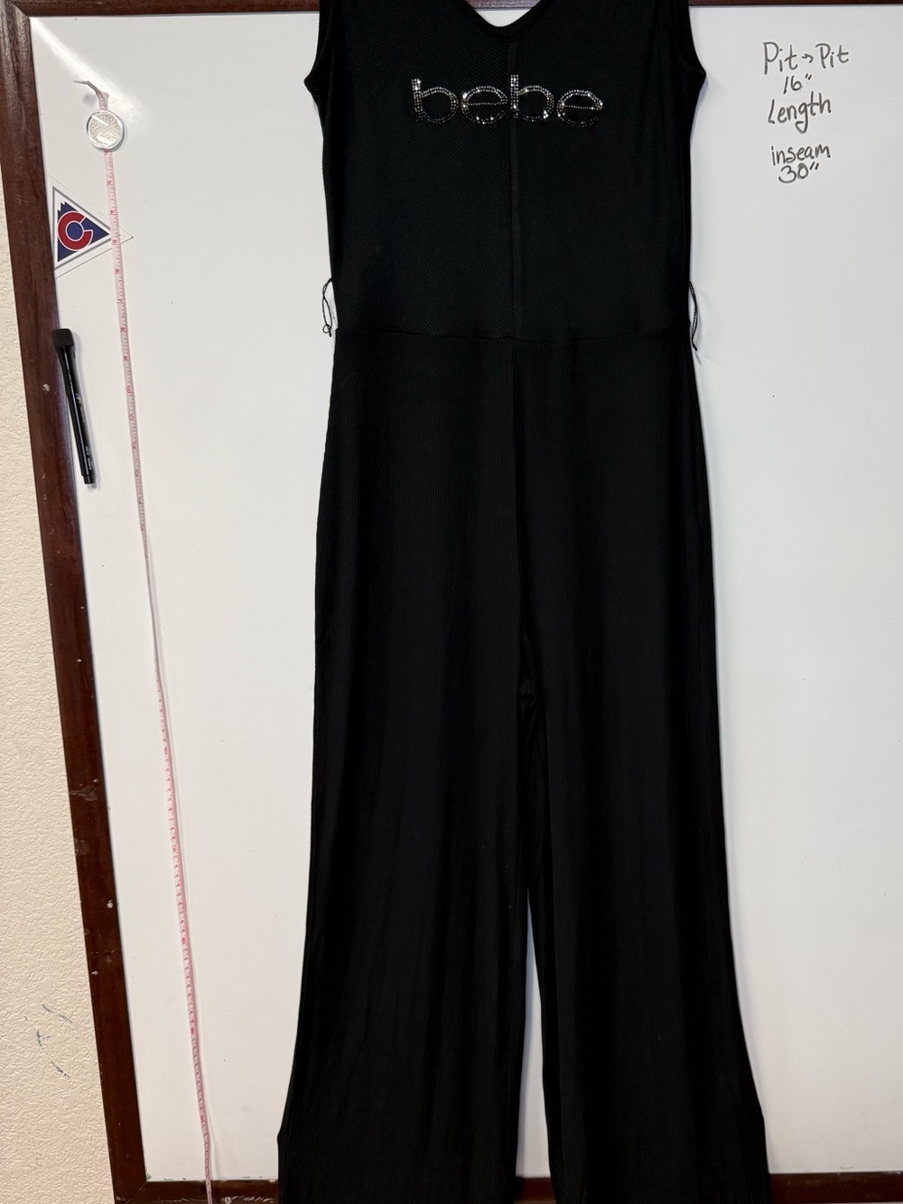 bebe Black Sleeveless Wide-Leg Jumpsuit with Rhinestone Logo y2k